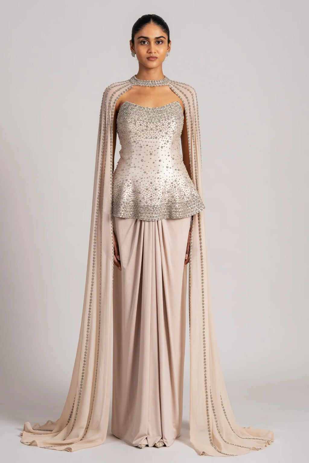 Gold Corset With Cape And Draped Skirt