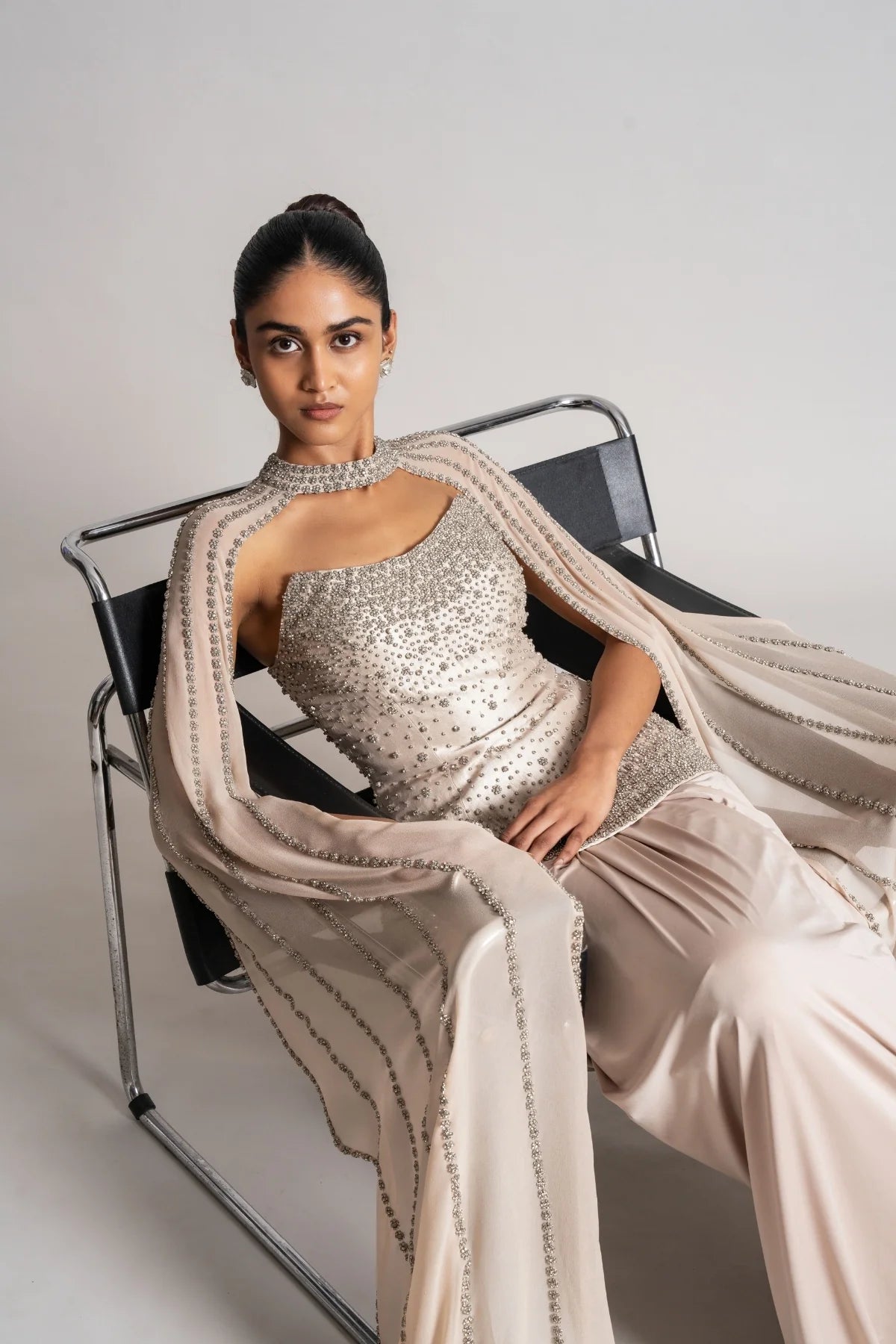 Gold Corset With Cape And Draped Skirt