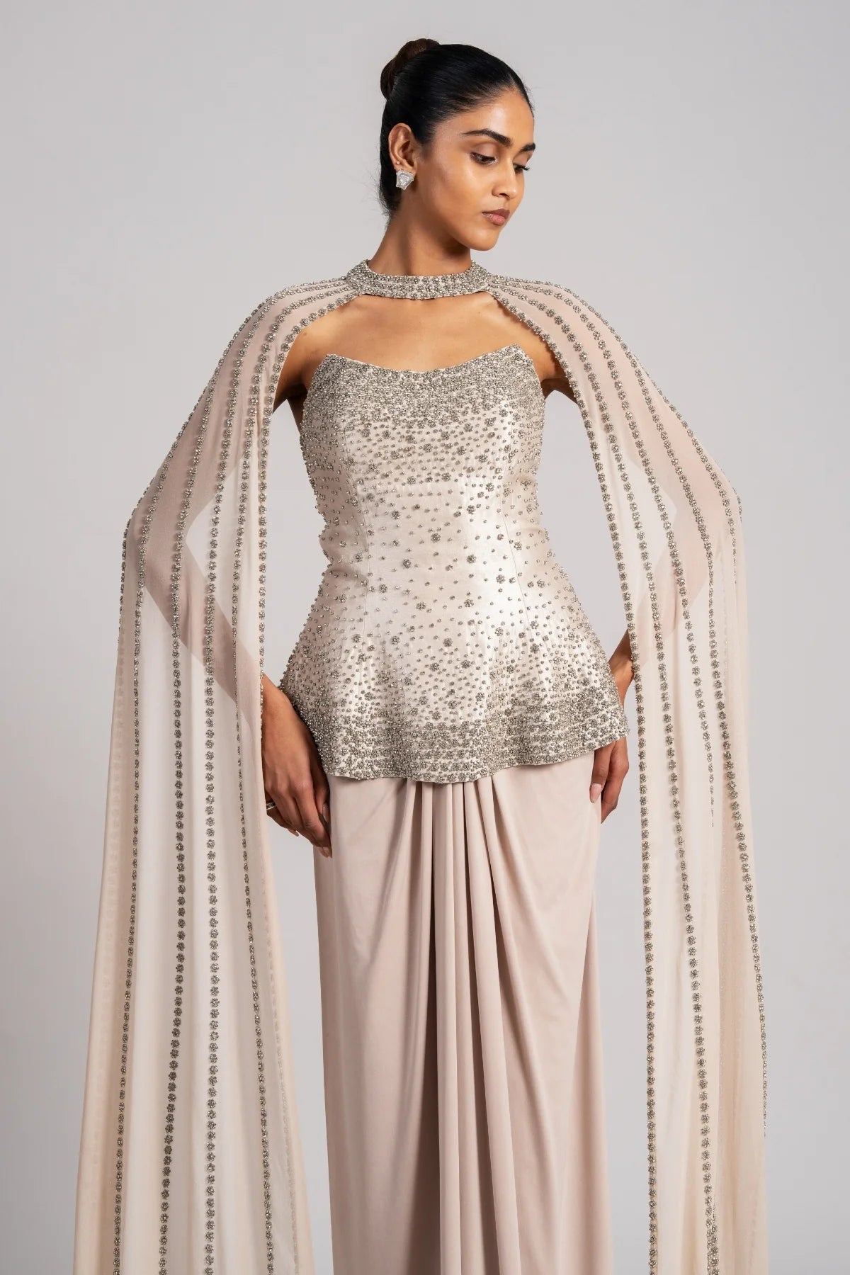 Gold Corset With Cape And Draped Skirt