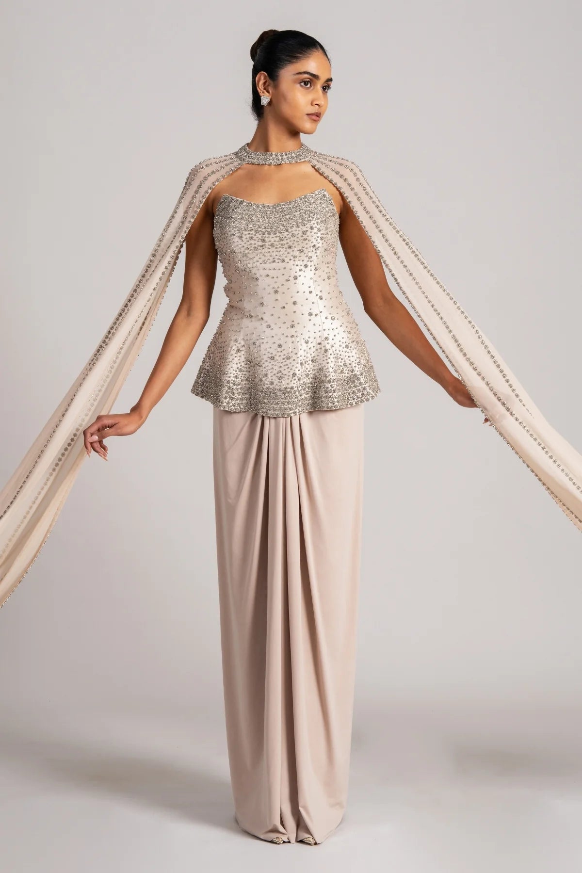 Gold Corset With Cape And Draped Skirt