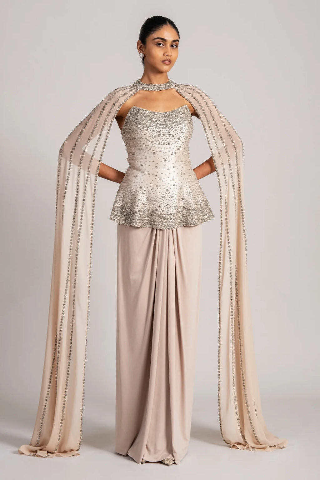 Gold Corset With Cape And Draped Skirt