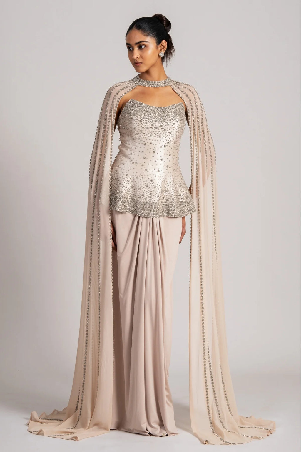 Gold Corset With Cape And Draped Skirt