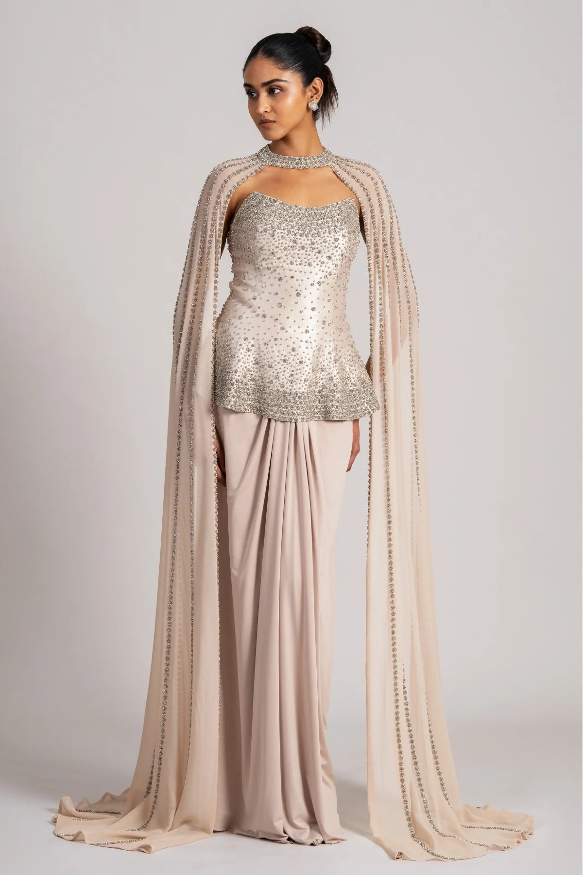 Gold Corset With Cape And Draped Skirt