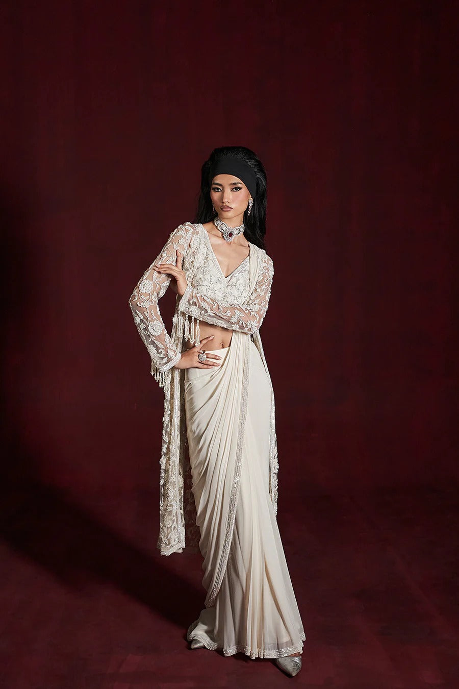 Ivory Drape Saree with Blouse & Jacket