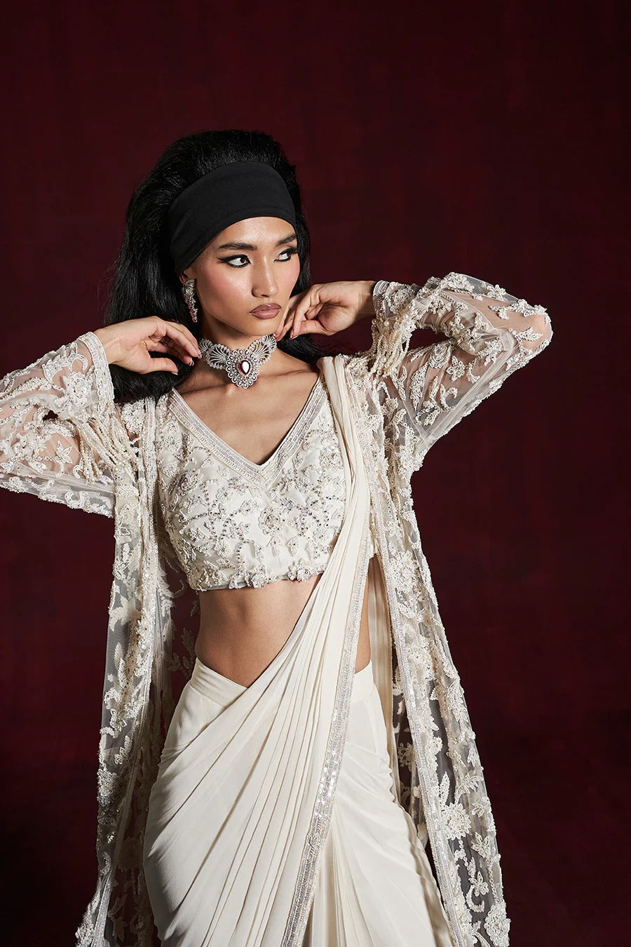 Ivory Drape Saree with Blouse & Jacket