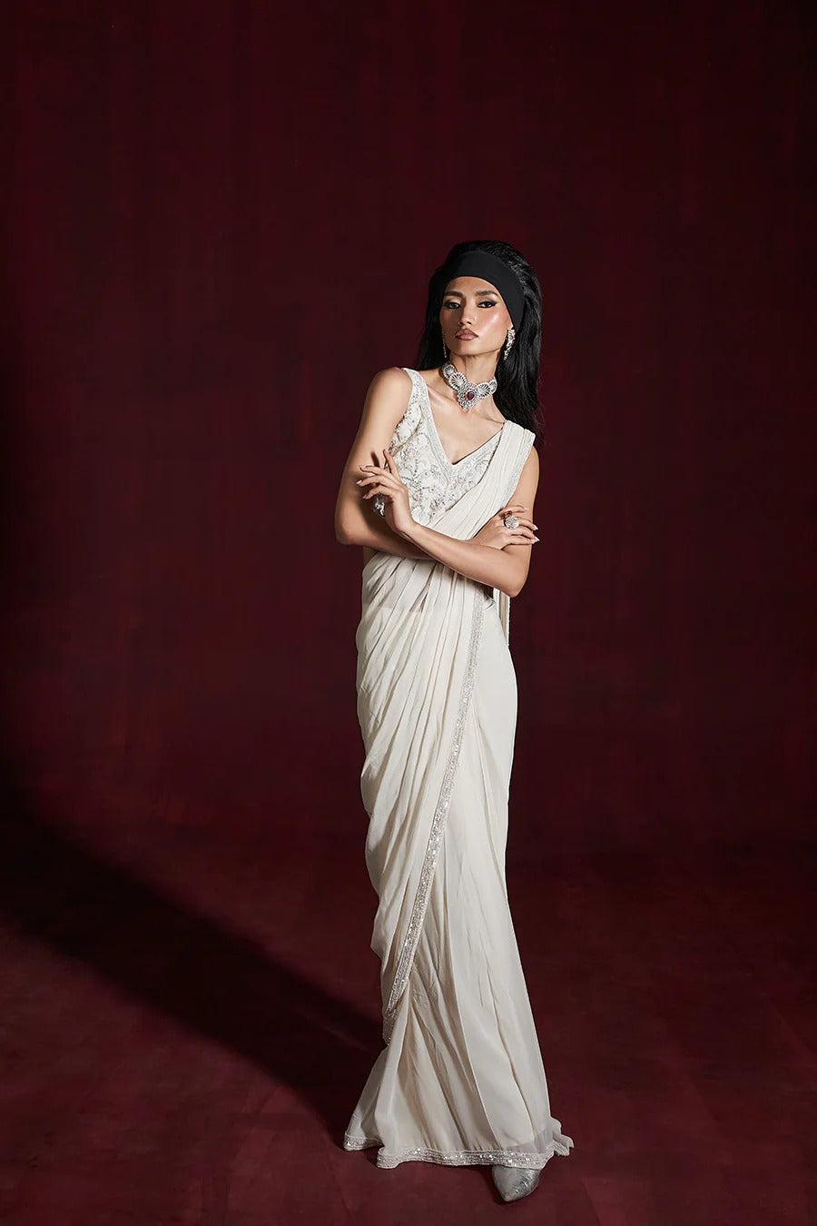 Ivory Drape Saree with Blouse & Jacket