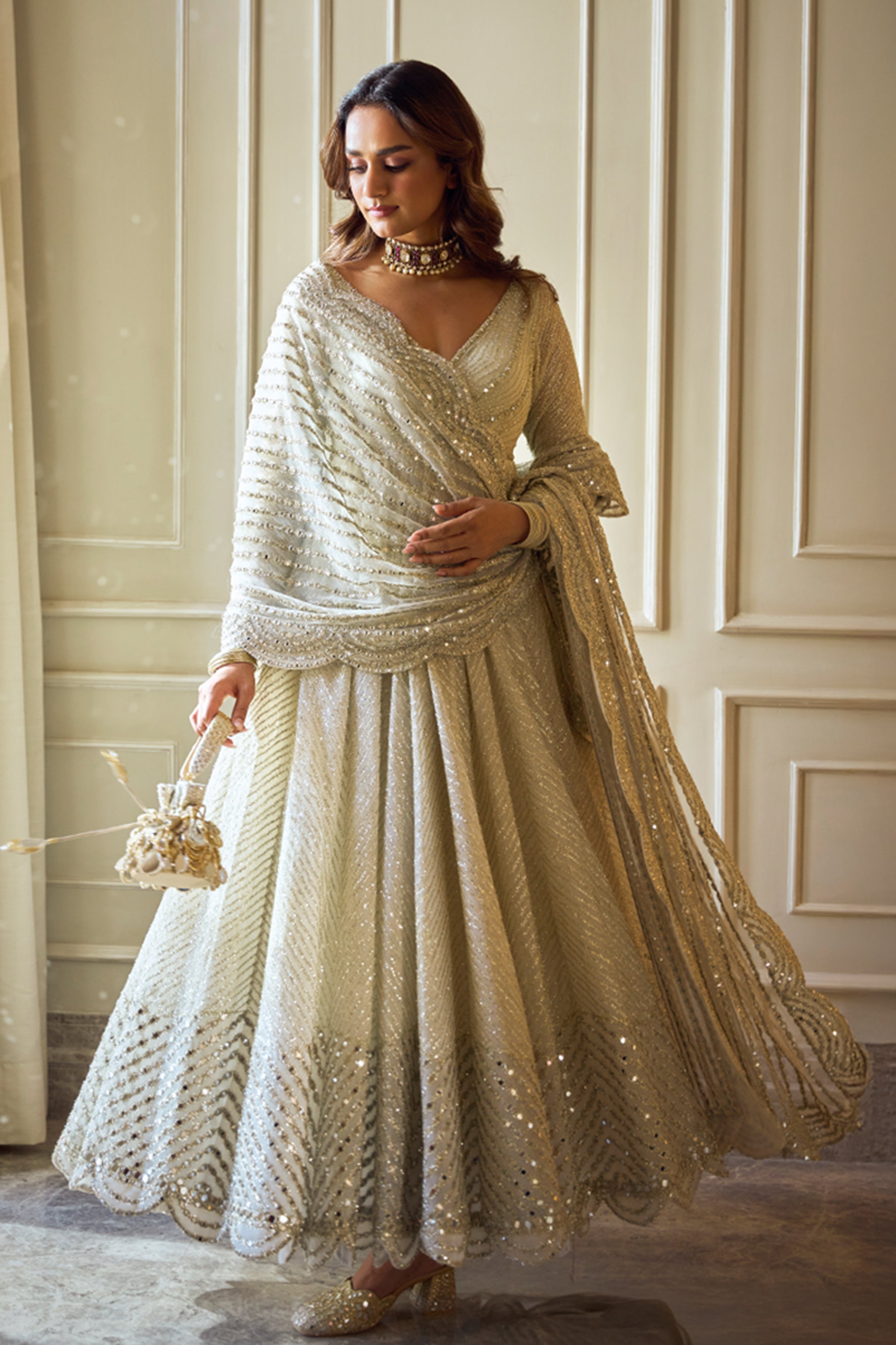ABHINAV MISHRA ANARKALI DUPATTA CHURIDAR IVORY