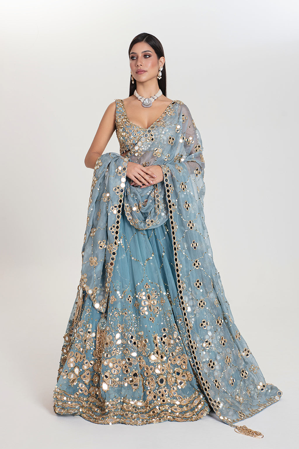 ABHINAV MISHRA LEHENGA BLOUSE DUPATTA BLUE GOLD