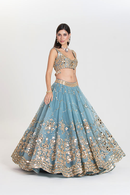 ABHINAV MISHRA LEHENGA BLOUSE DUPATTA BLUE GOLD