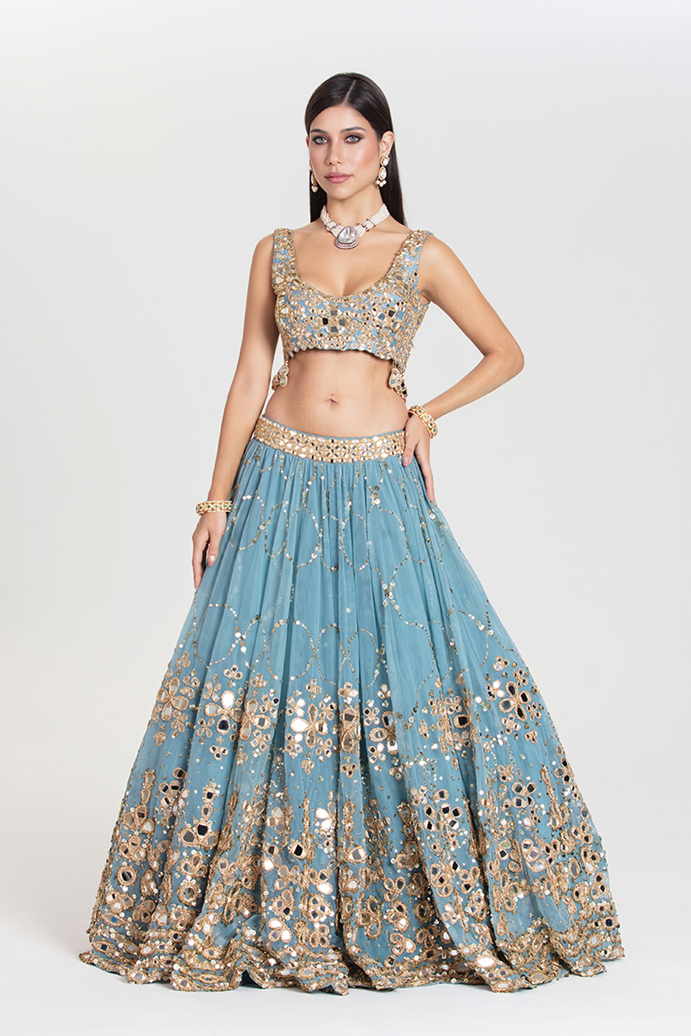 ABHINAV MISHRA LEHENGA BLOUSE DUPATTA BLUE GOLD