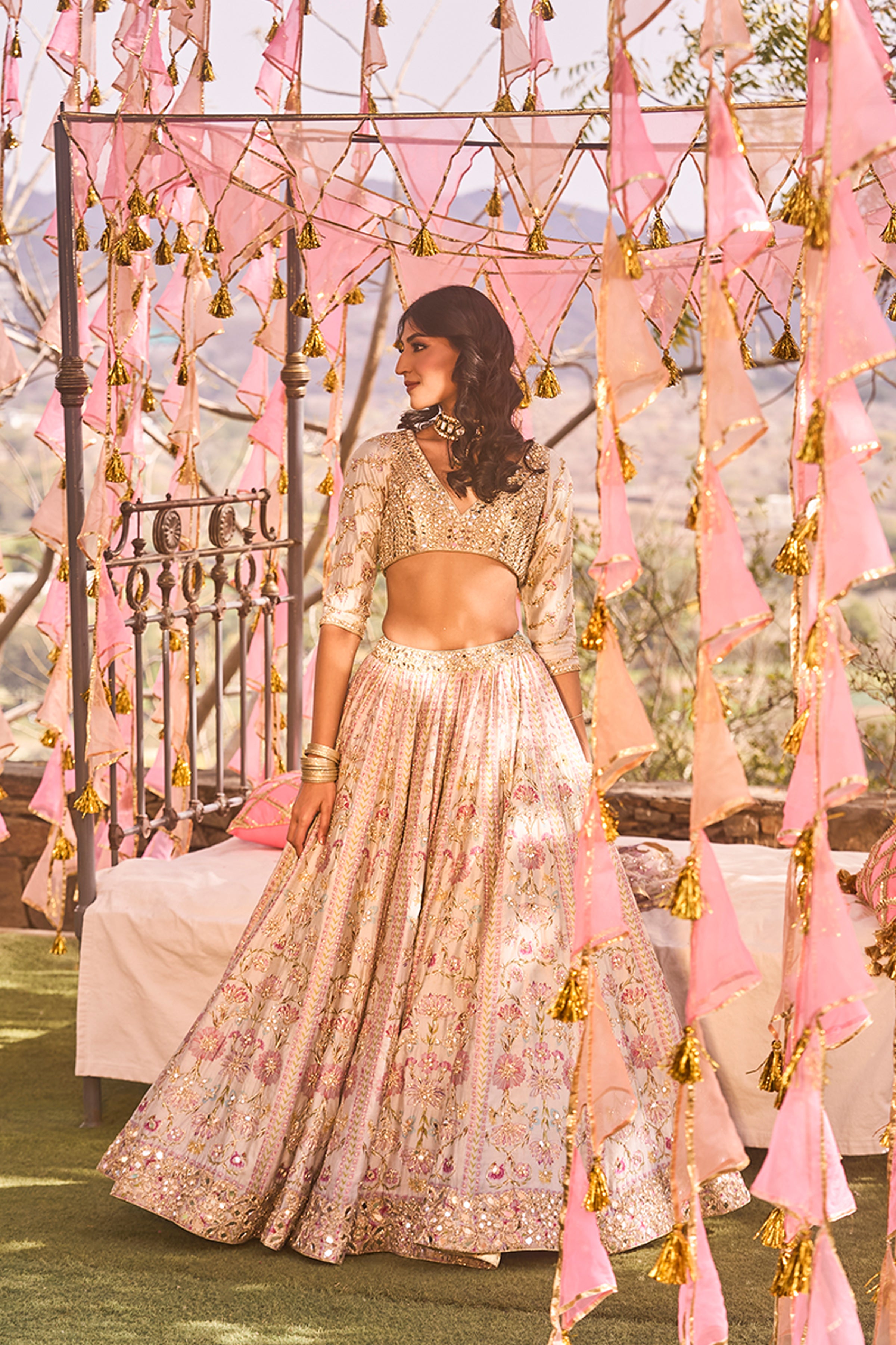 ABHINAV MISHRA LEHENGA BLOUSE DUPATTA SAGE GREEN