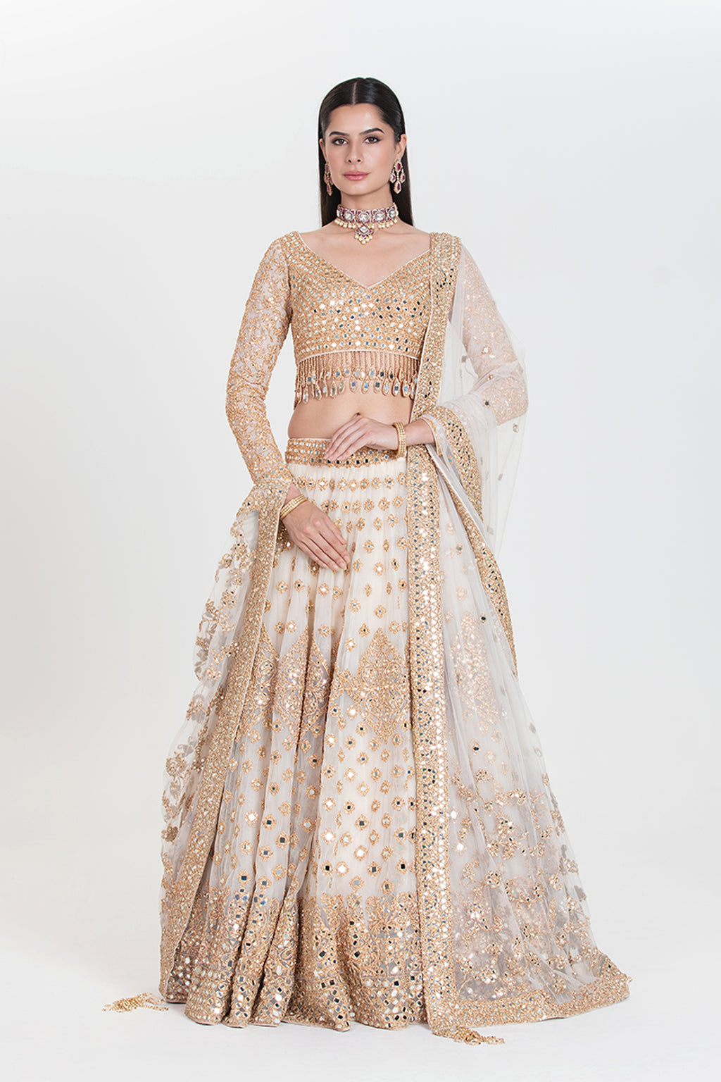 ABHINAV MISHRA LEHENGA BLOUSE DUPATTA IVORY GOLD