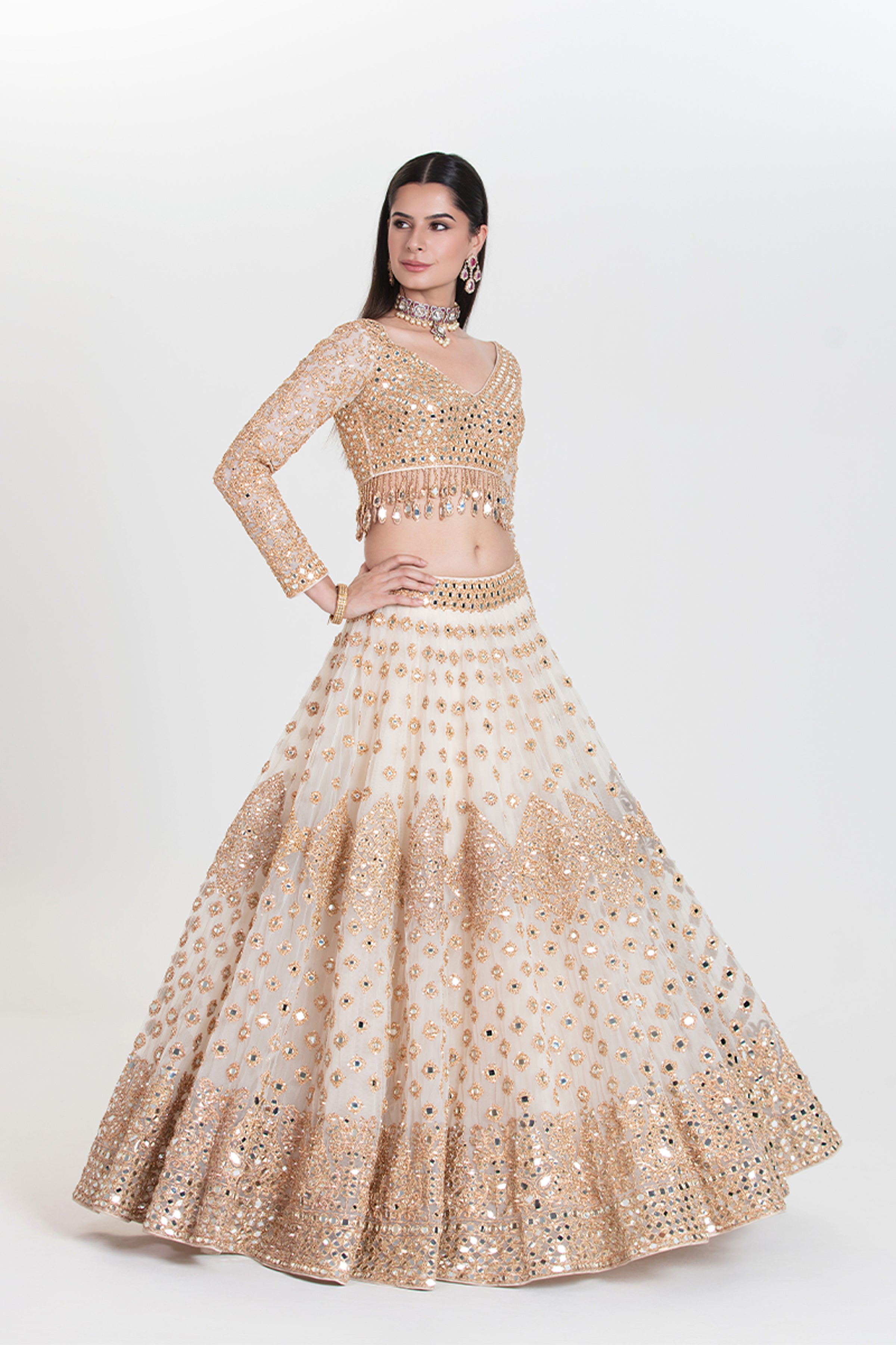 ABHINAV MISHRA LEHENGA BLOUSE DUPATTA IVORY GOLD
