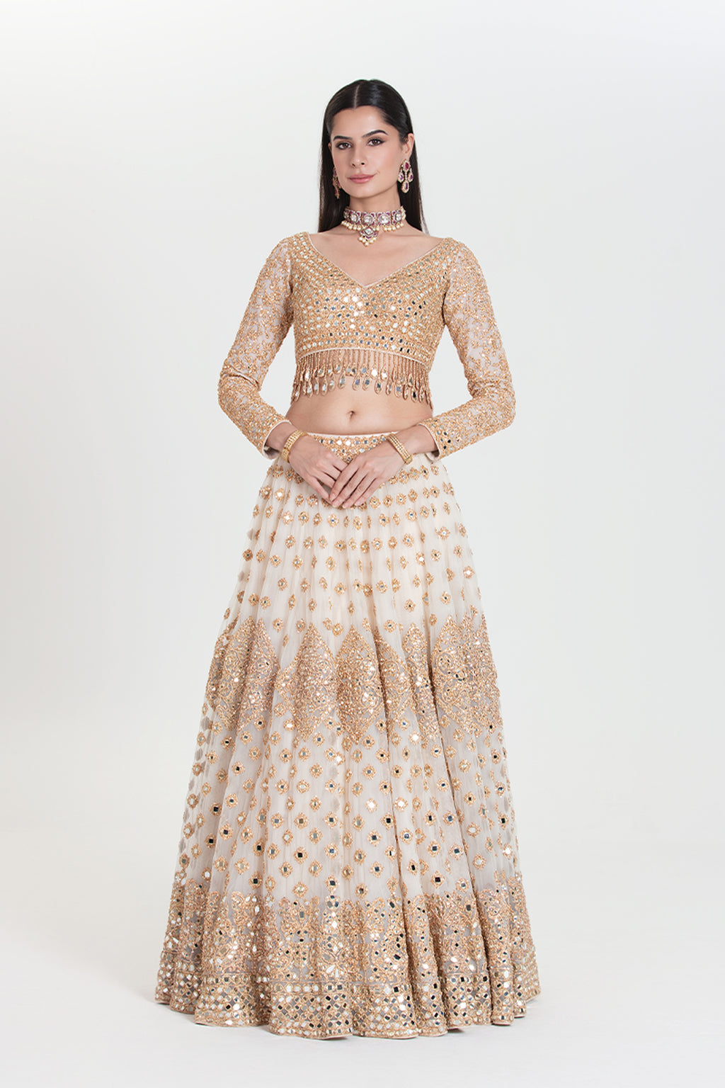 ABHINAV MISHRA LEHENGA BLOUSE DUPATTA IVORY GOLD