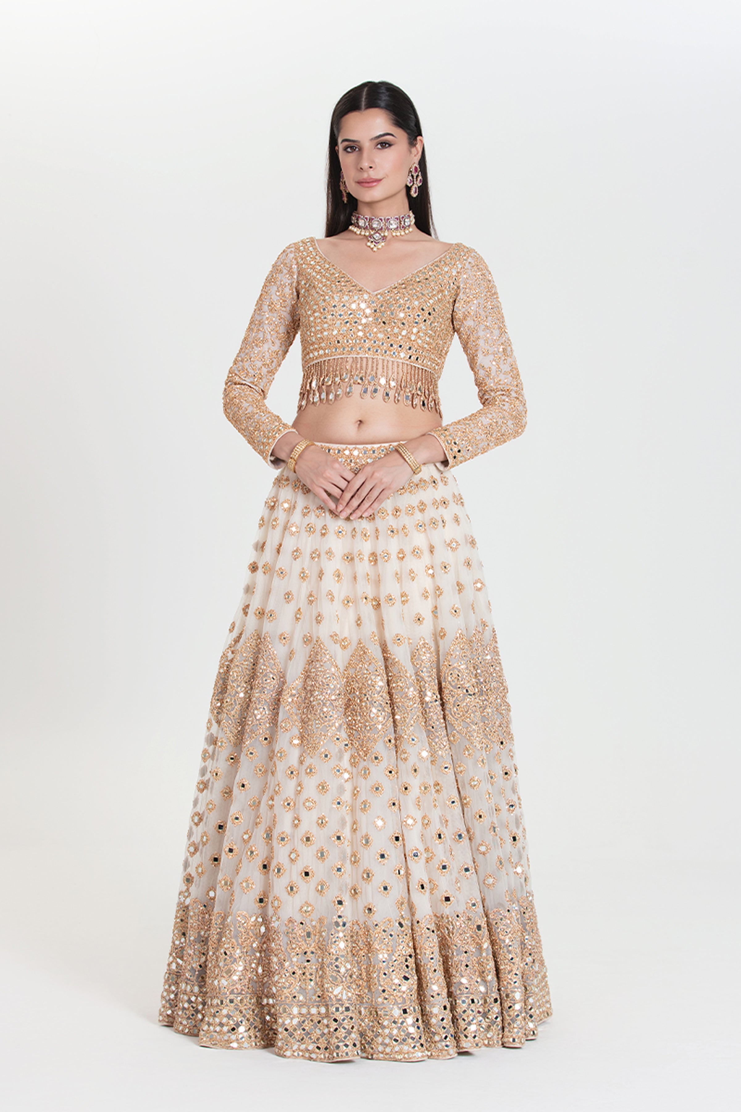 ABHINAV MISHRA LEHENGA BLOUSE DUPATTA IVORY GOLD