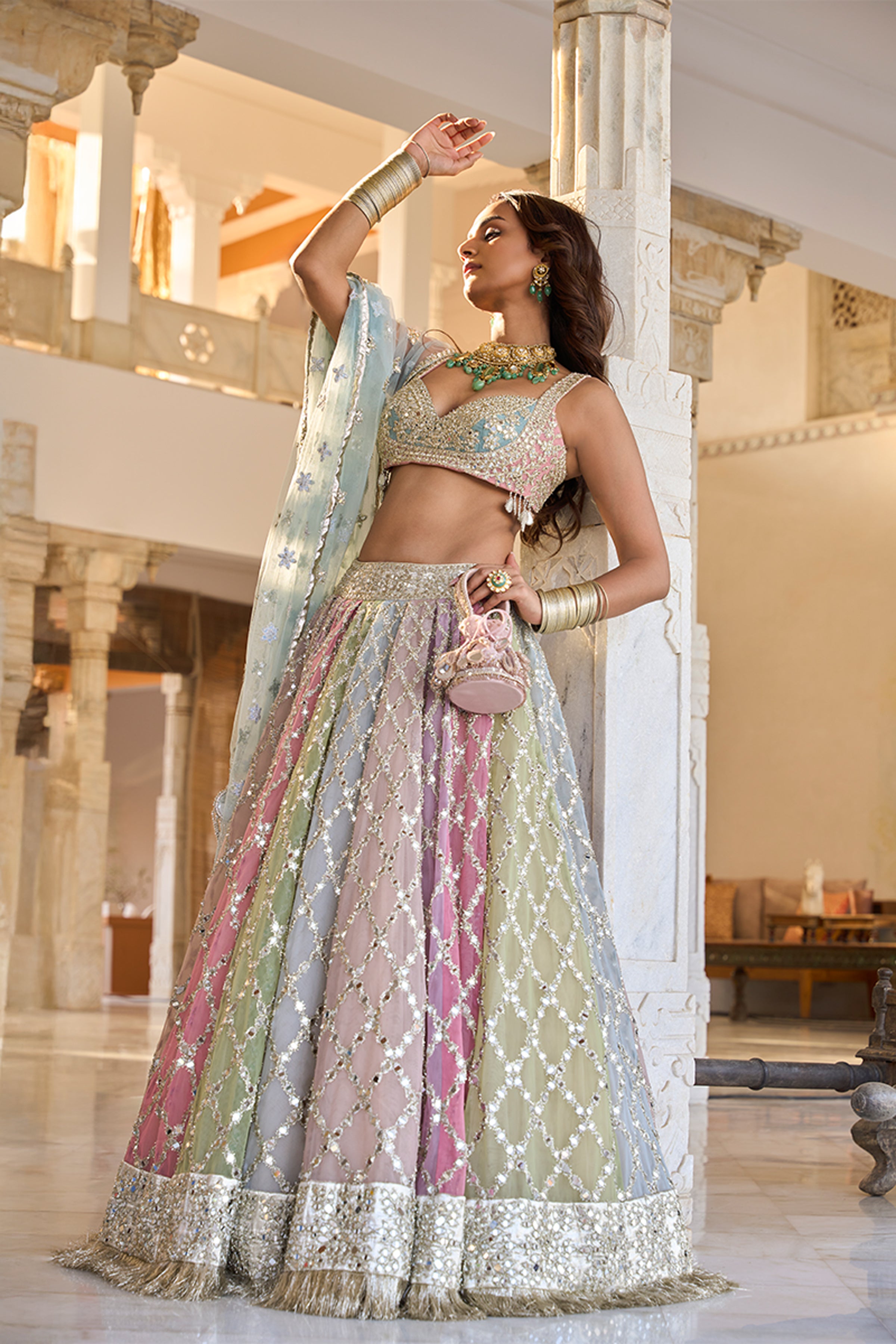 ABHINAV MISHRA LEHENGA BLOUSE DUPATTA PEACH MULTICOLOUR