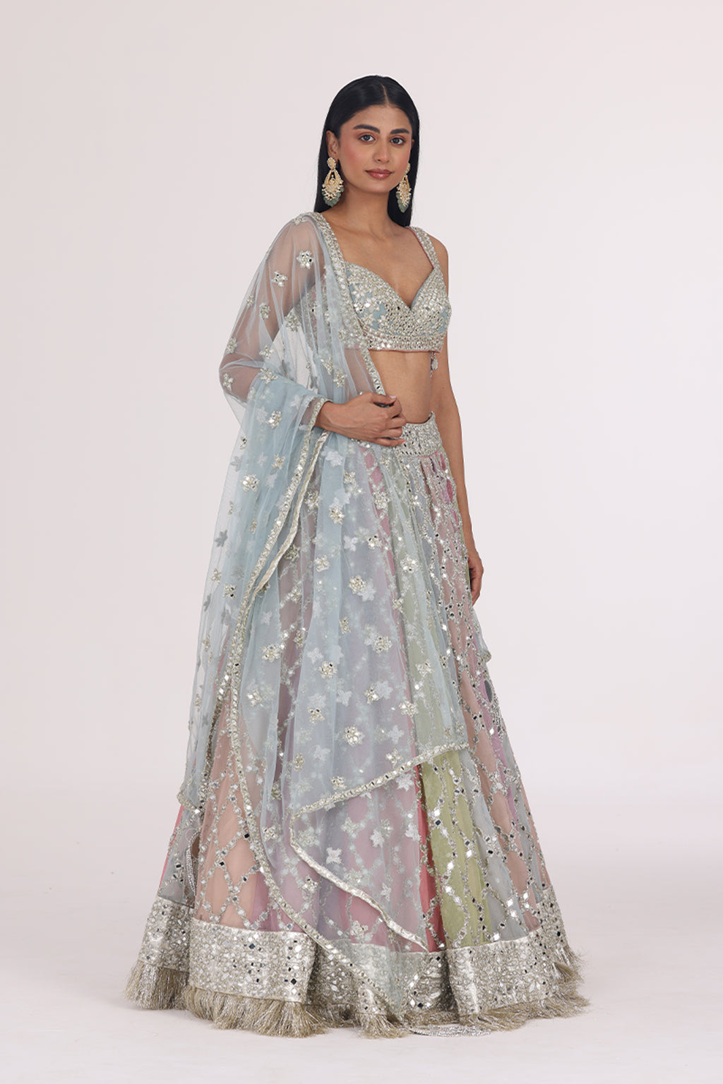 ABHINAV MISHRA LEHENGA BLOUSE DUPATTA PEACH MULTICOLOUR