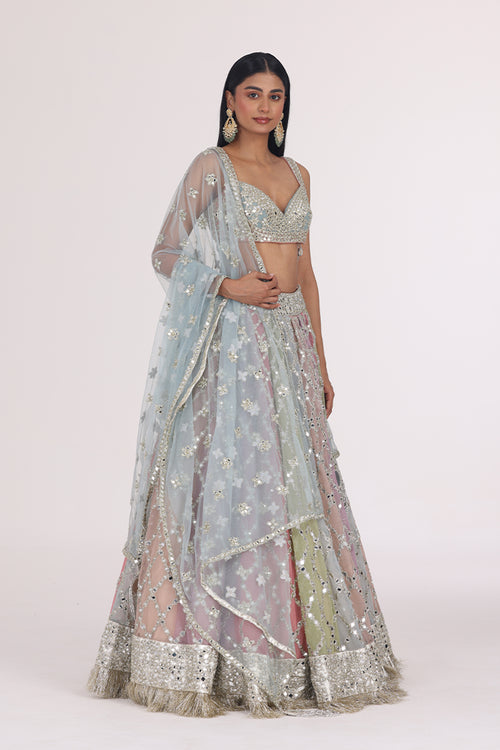 ABHINAV MISHRA LEHENGA BLOUSE DUPATTA PEACH MULTICOLOUR