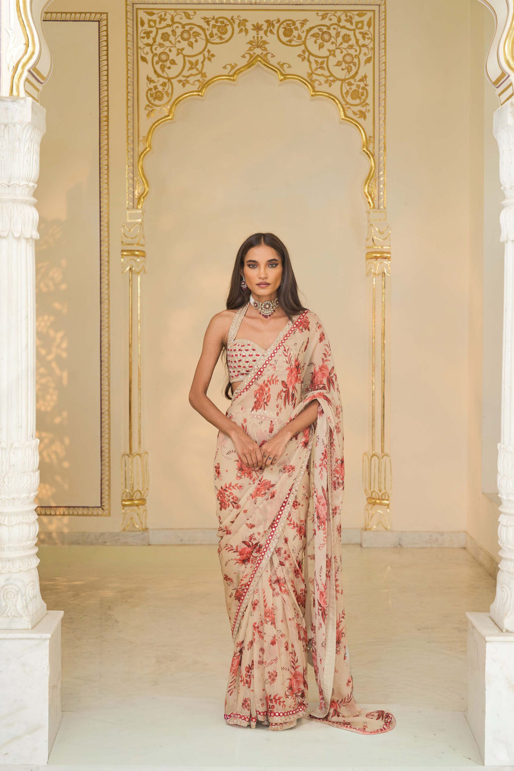 DRAPED SAREE BLOUSE IVORY RED