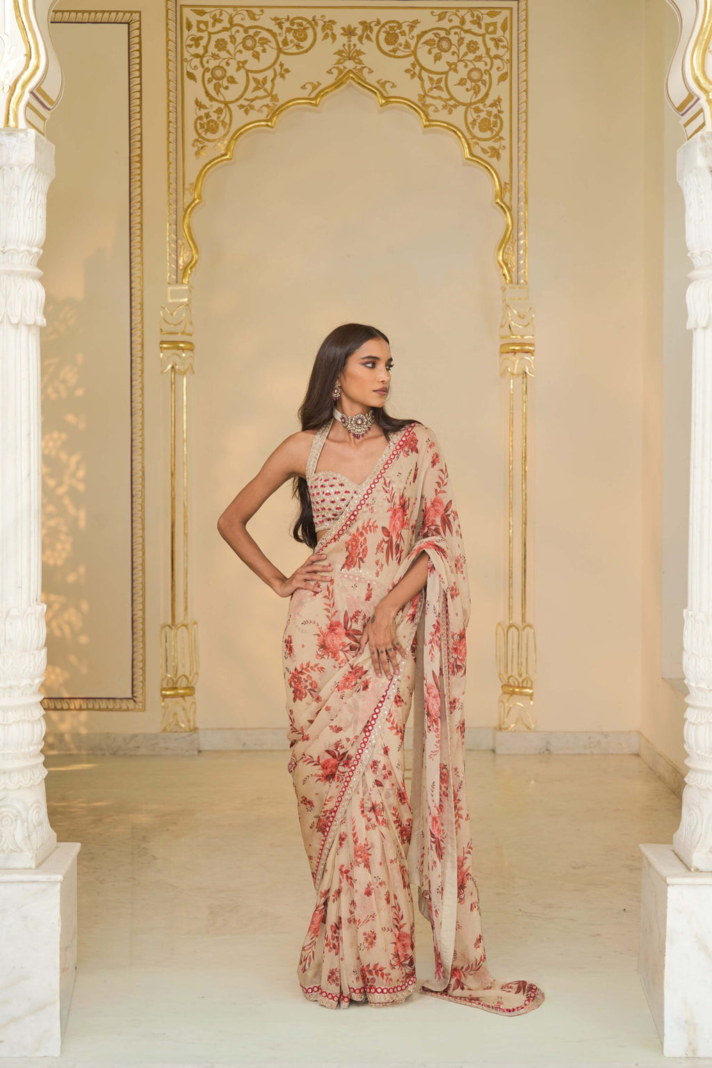 DRAPED SAREE BLOUSE IVORY RED