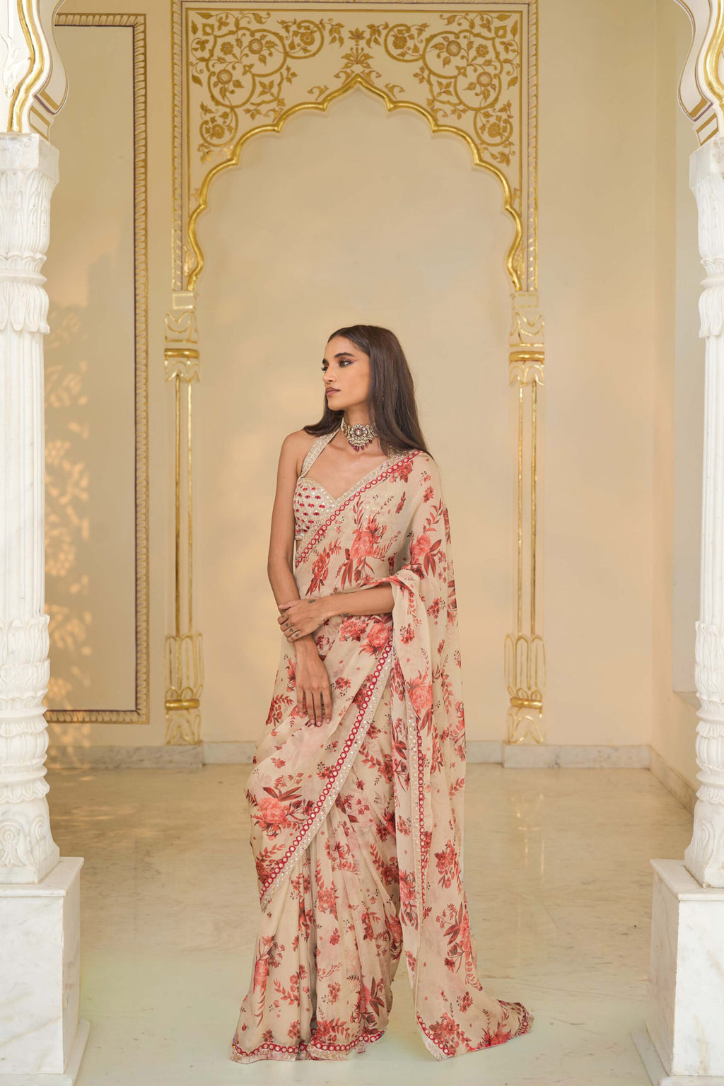 DRAPED SAREE BLOUSE IVORY RED