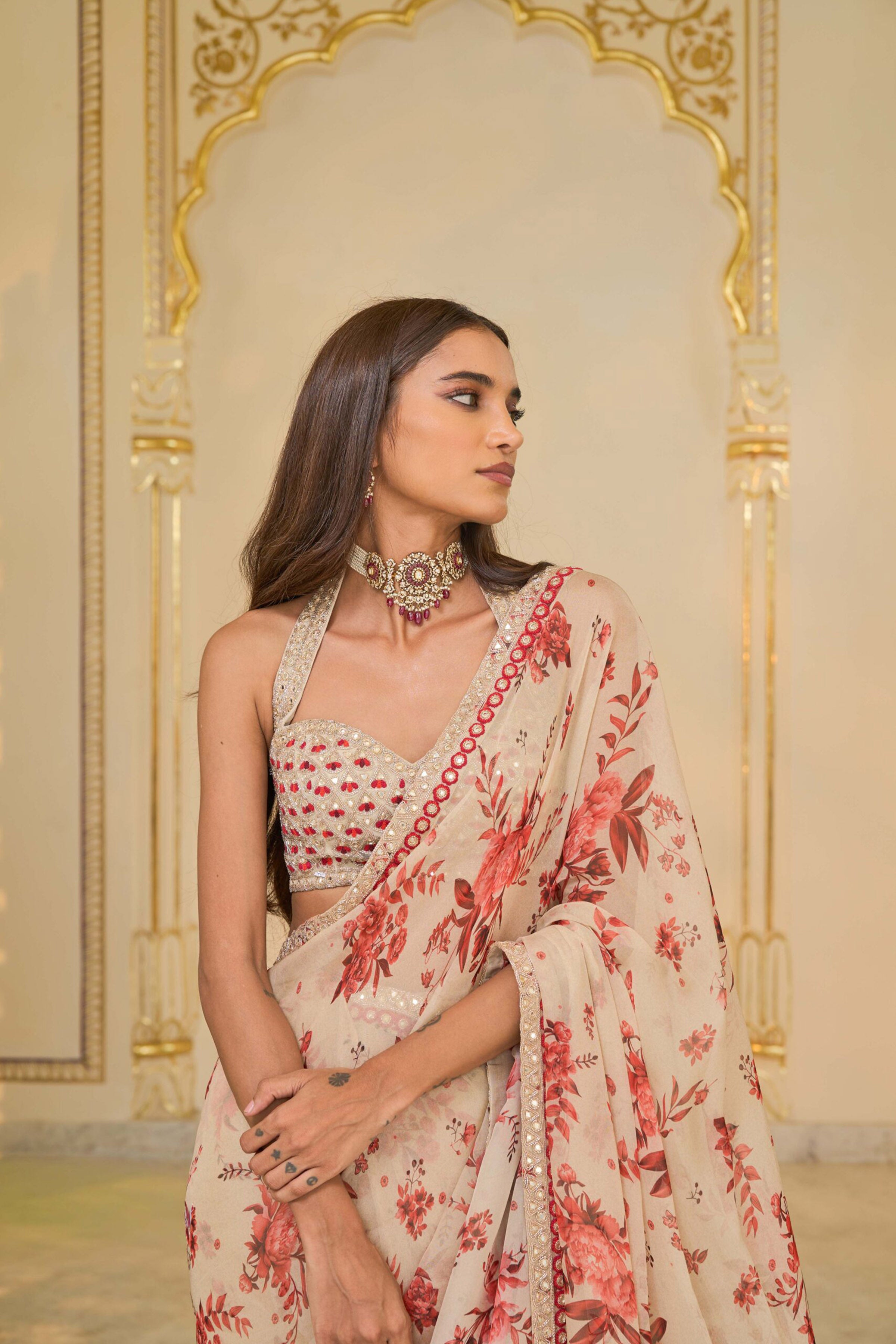 DRAPED SAREE BLOUSE IVORY RED