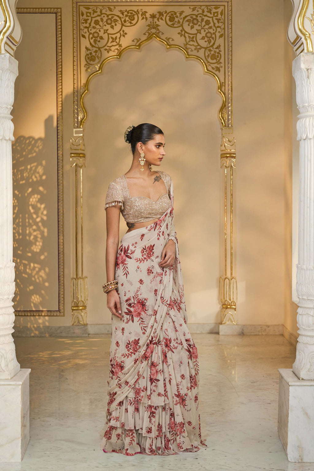 DRAPED SAREE BLOUSE IVORY RED