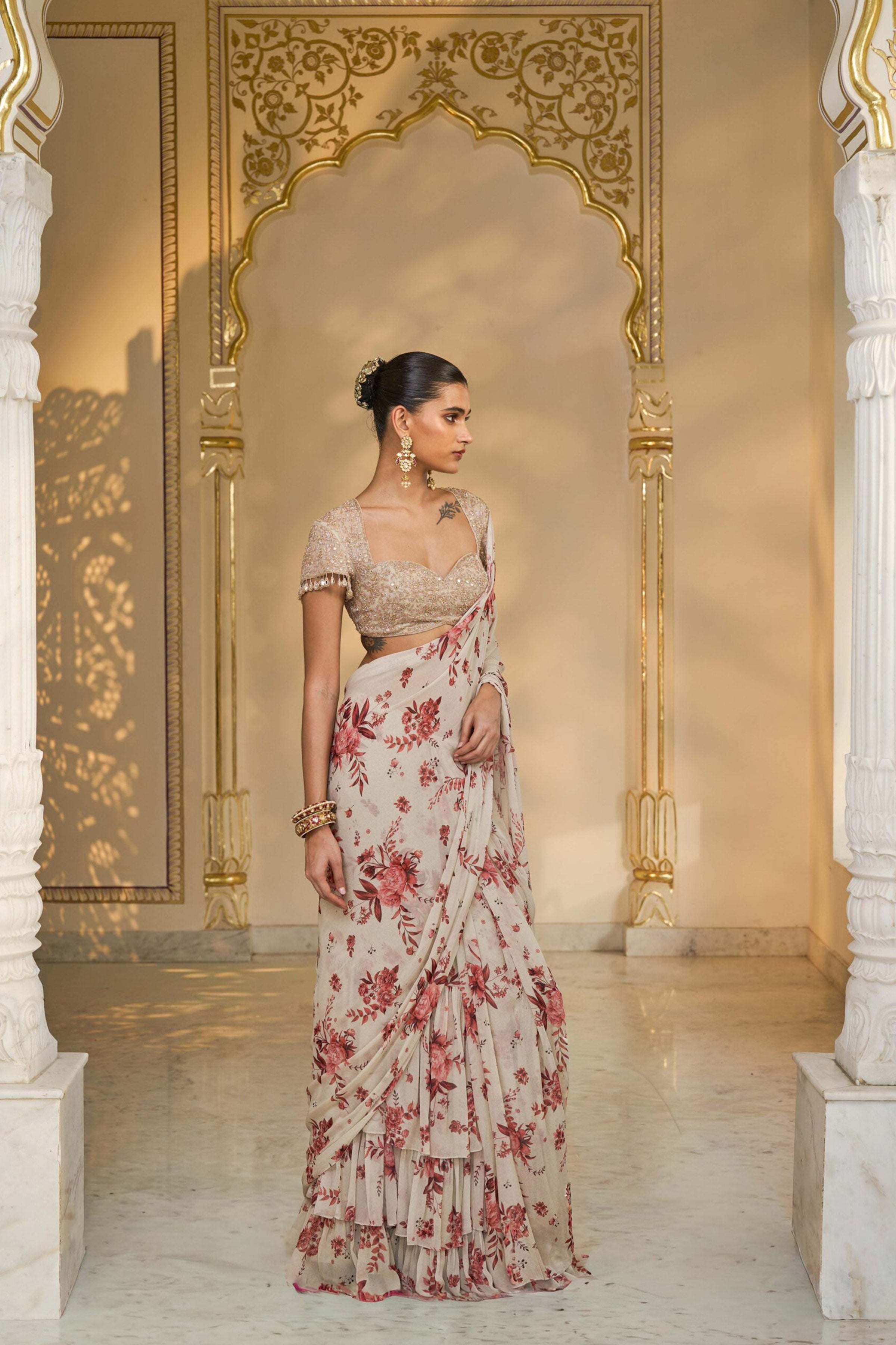 DRAPED SAREE BLOUSE IVORY RED