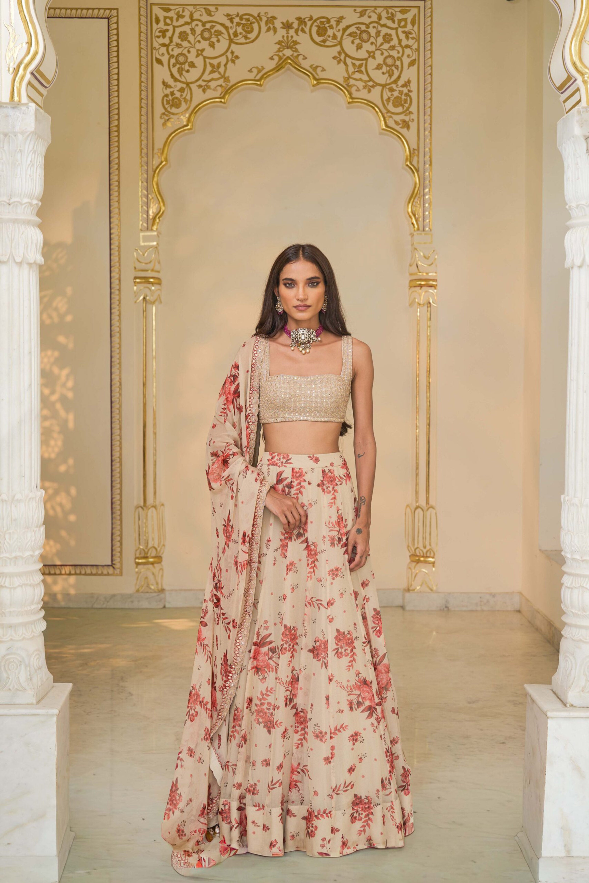 LEHENGA BLOUSE DUPATTA IVORY RED
