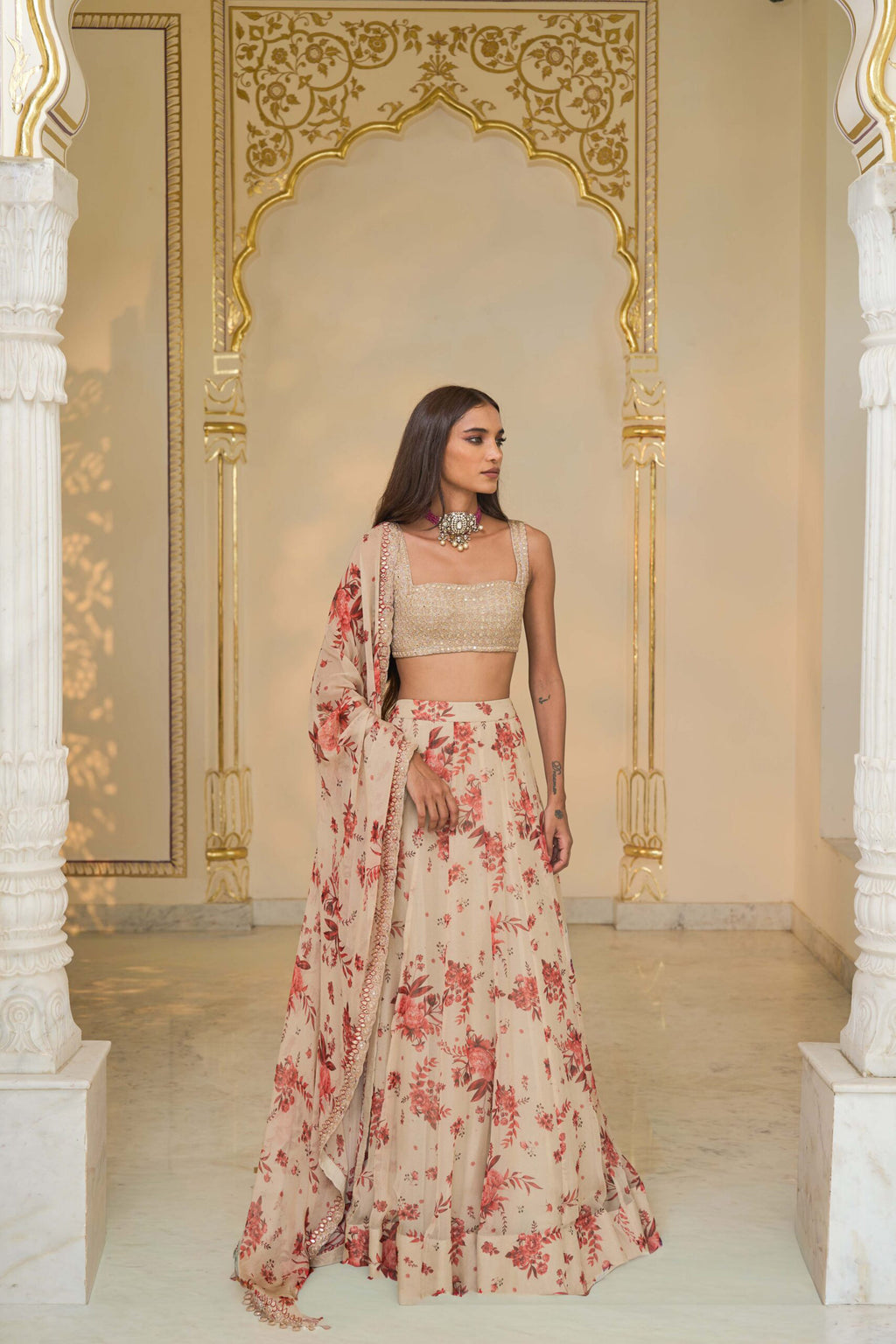 LEHENGA BLOUSE DUPATTA IVORY RED