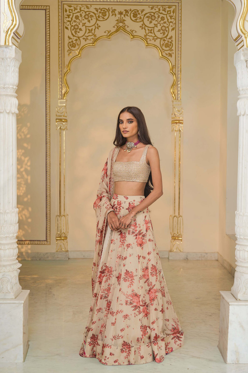 LEHENGA BLOUSE DUPATTA IVORY RED