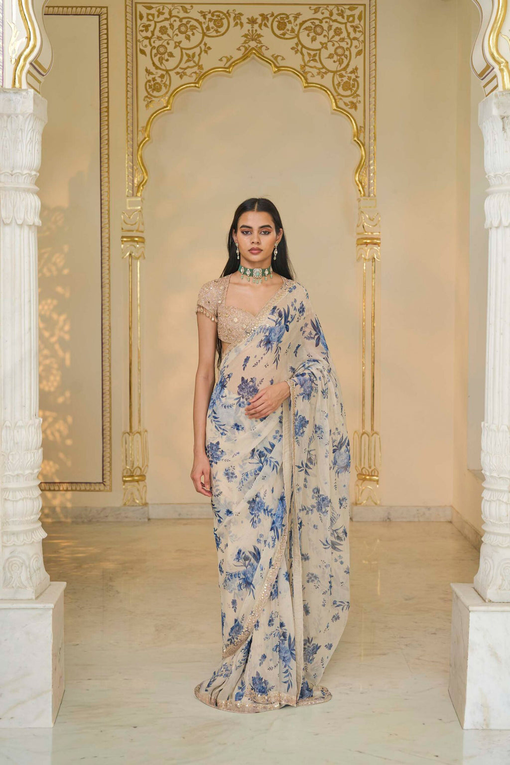 SAREE BLOUSE IVORY BLUE