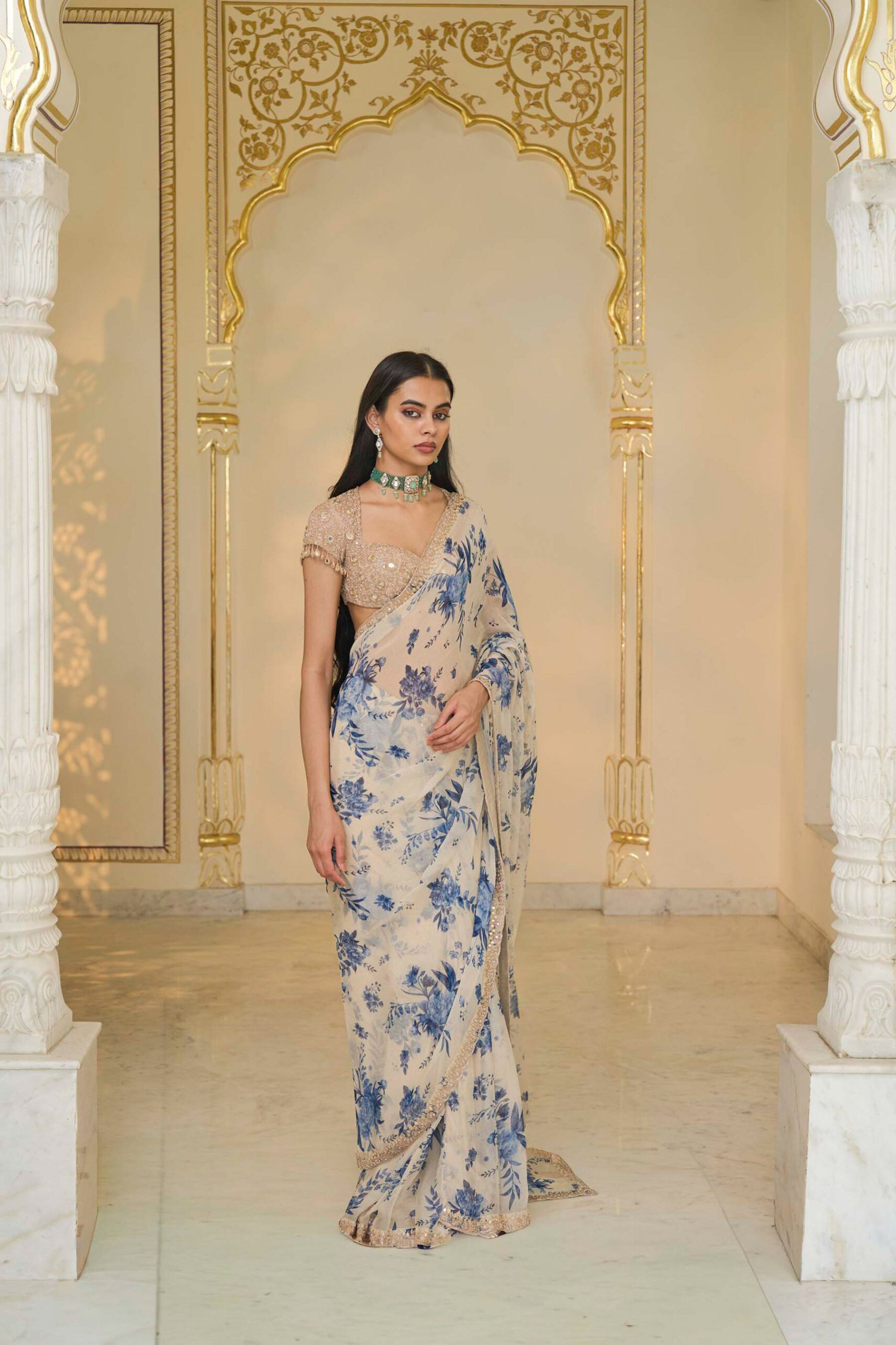 SAREE BLOUSE IVORY BLUE