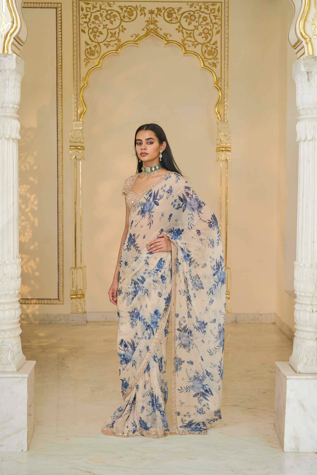 SAREE BLOUSE IVORY BLUE