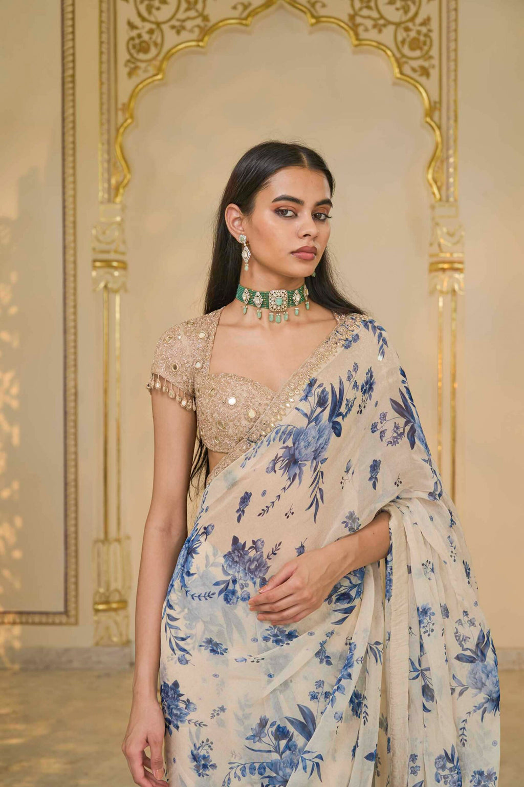 SAREE BLOUSE IVORY BLUE
