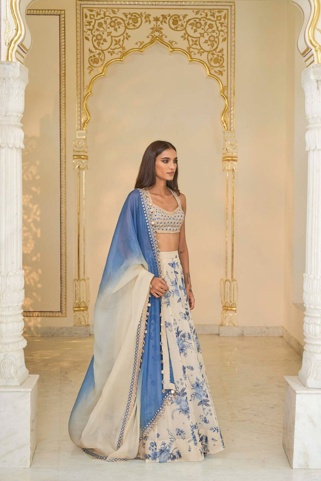 LEHENGA BLOUSE DUPATTA IVORY BLUE