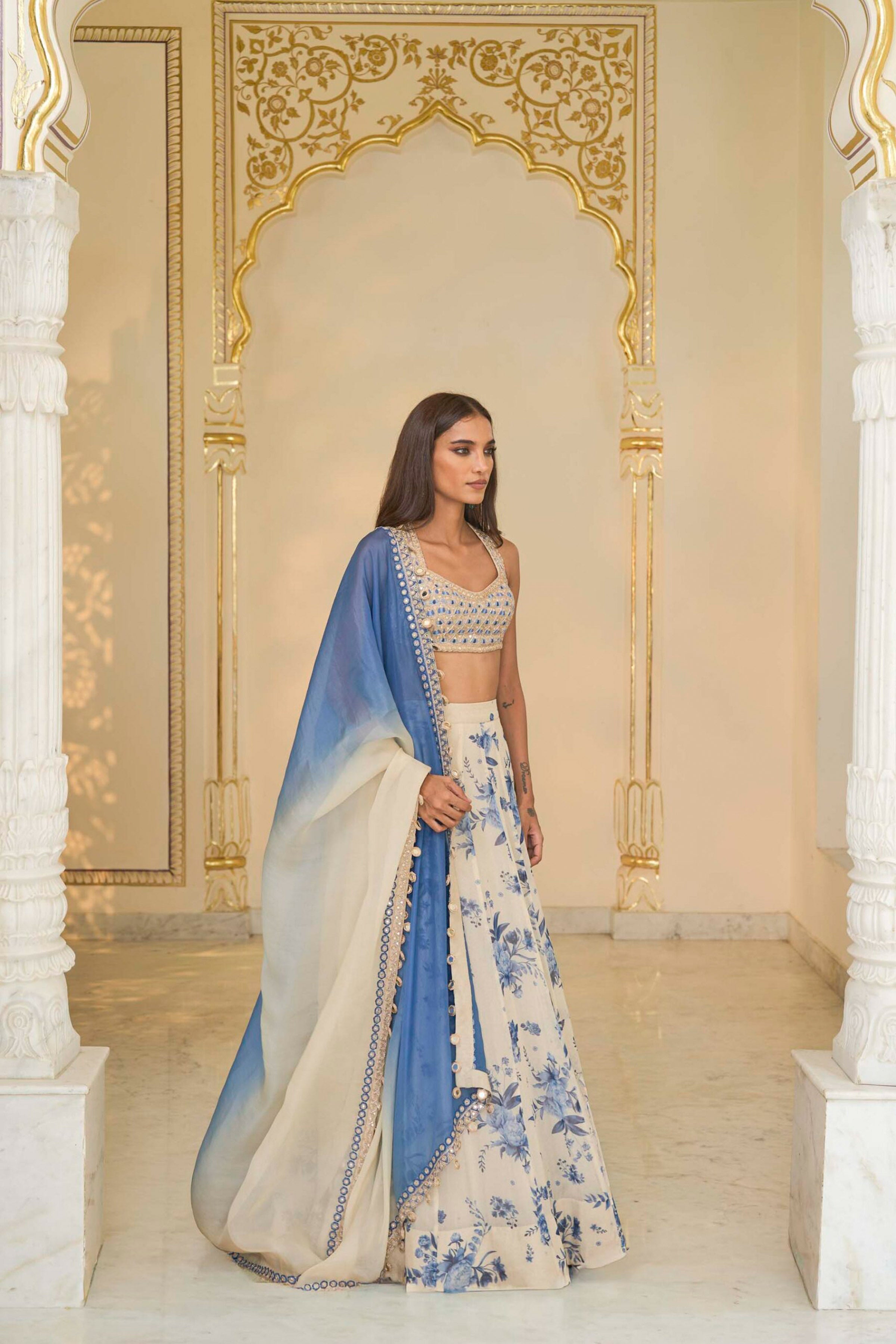 LEHENGA BLOUSE DUPATTA IVORY BLUE