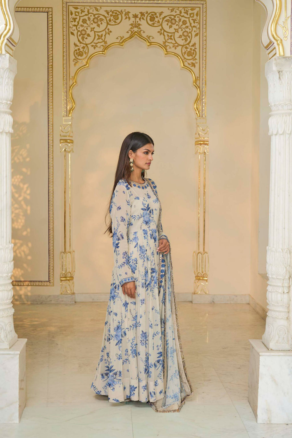 ANARKALI CHURIDAR DUPATTA IVORY BLUE