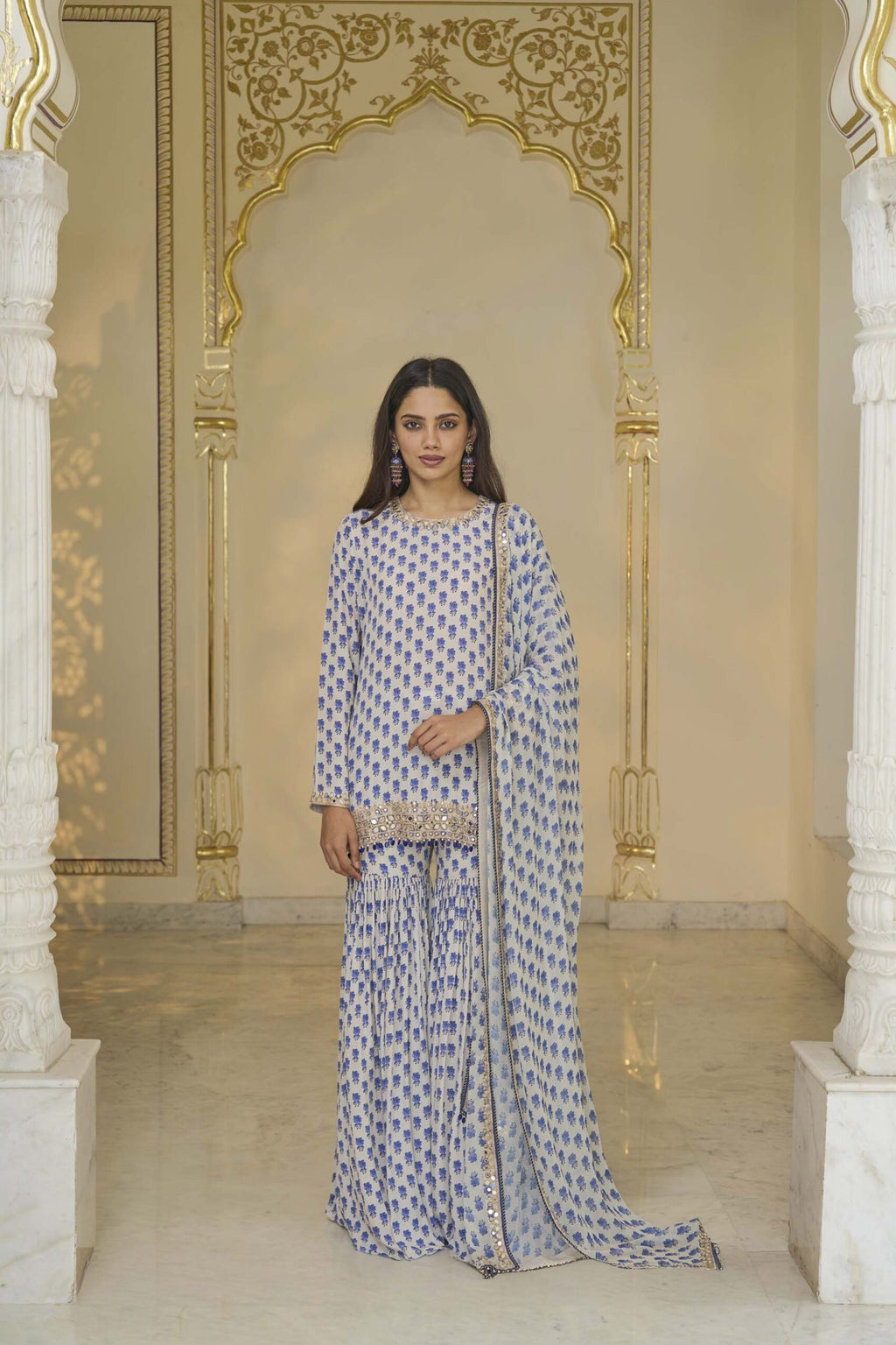 KURTA GHARARA DUPATTA IVORY BLUE