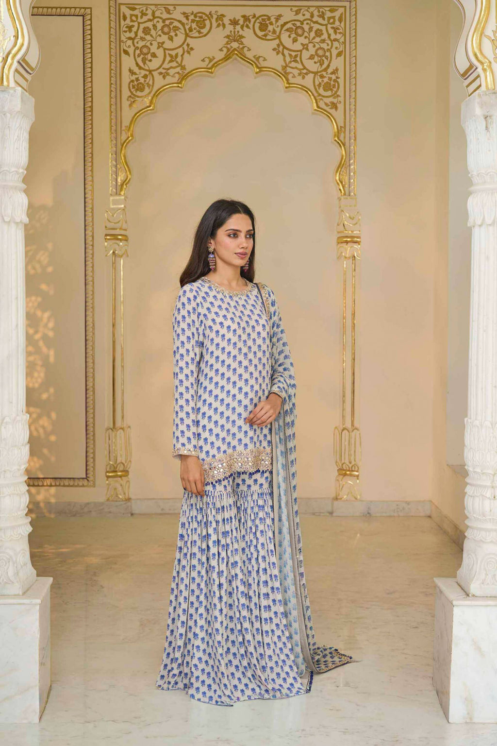 KURTA GHARARA DUPATTA IVORY BLUE