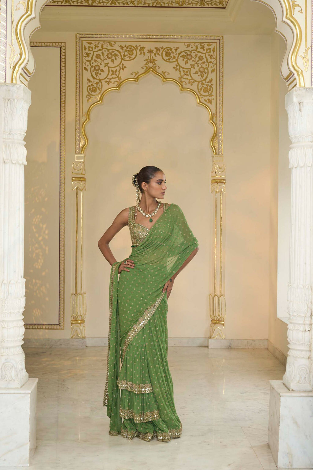DRAPED SAREE BLOUSE WARM OLIVE
