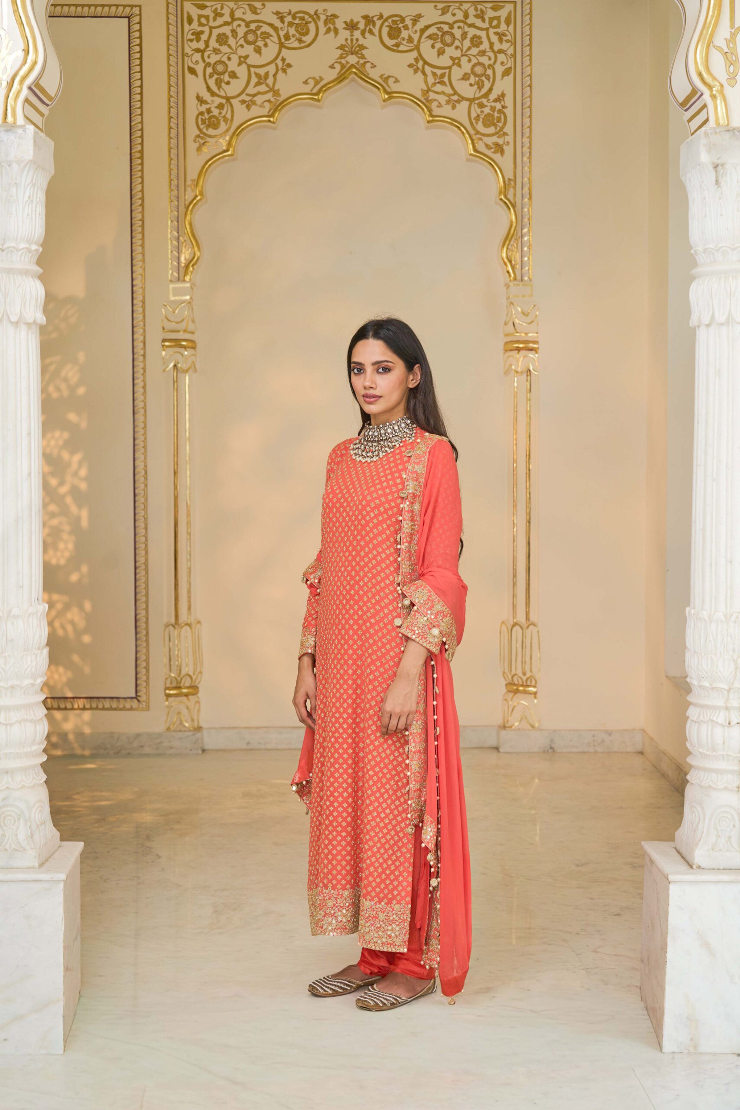KURTA CHURIDAR DUPATTA CORAL