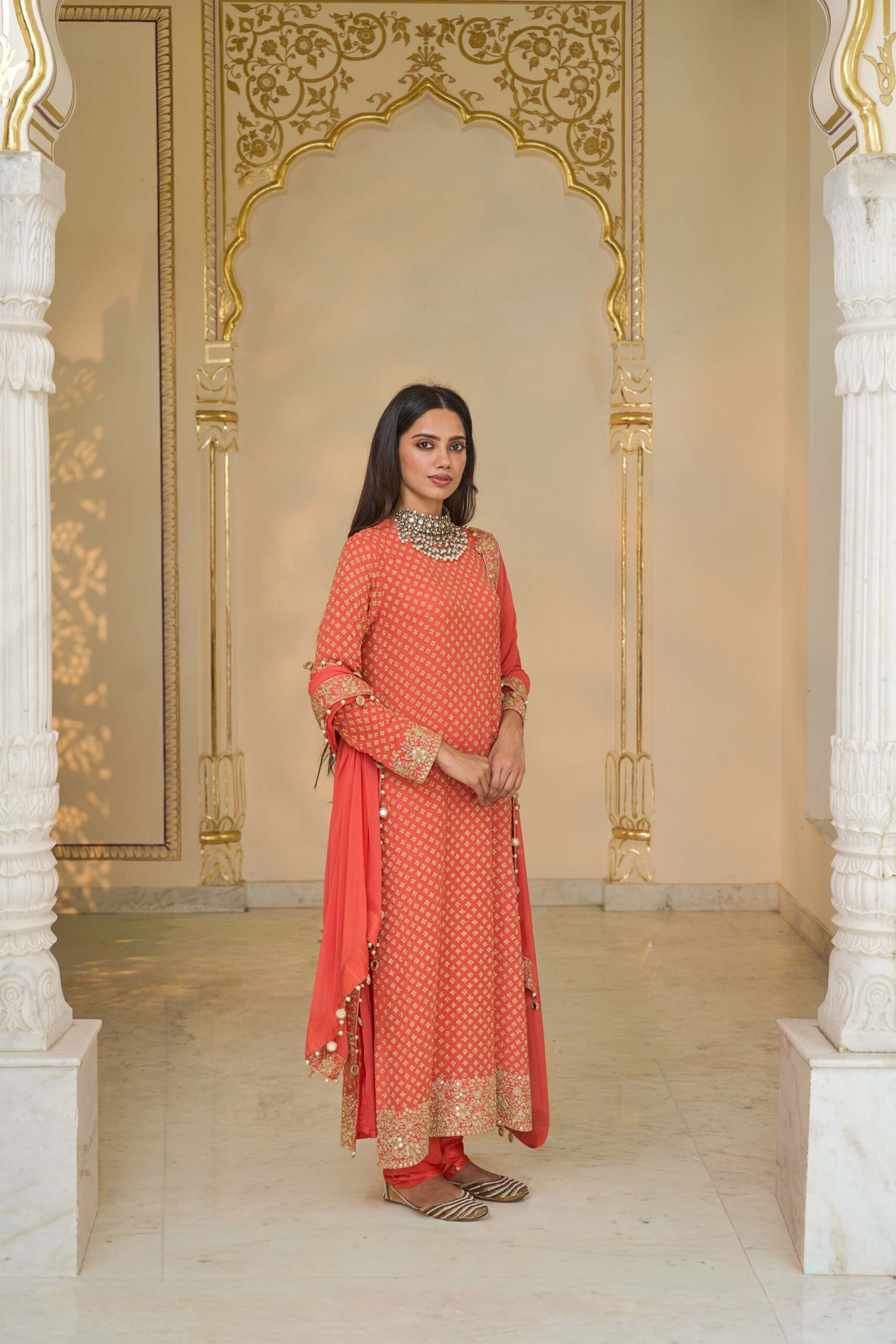 KURTA CHURIDAR DUPATTA CORAL