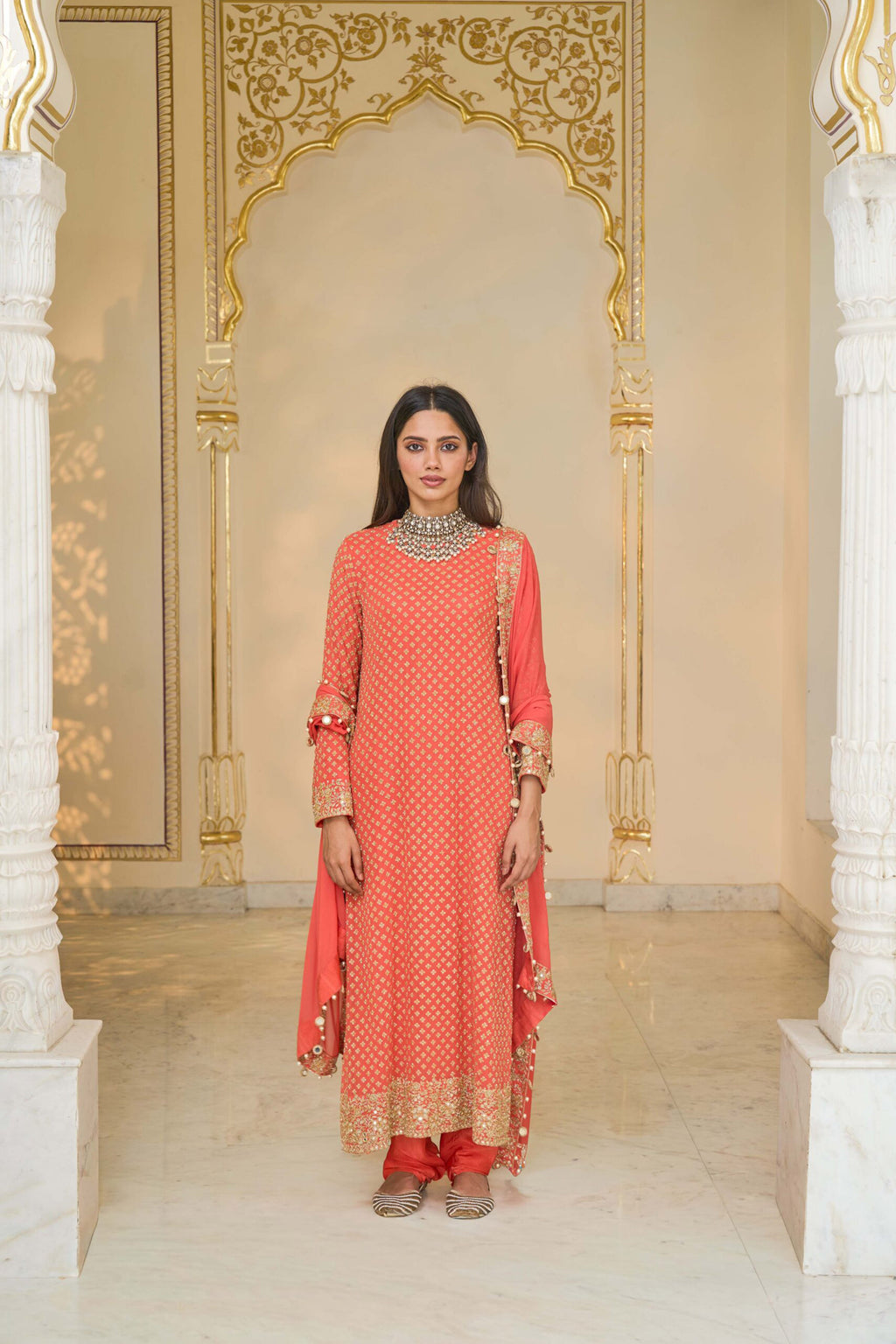 KURTA CHURIDAR DUPATTA CORAL