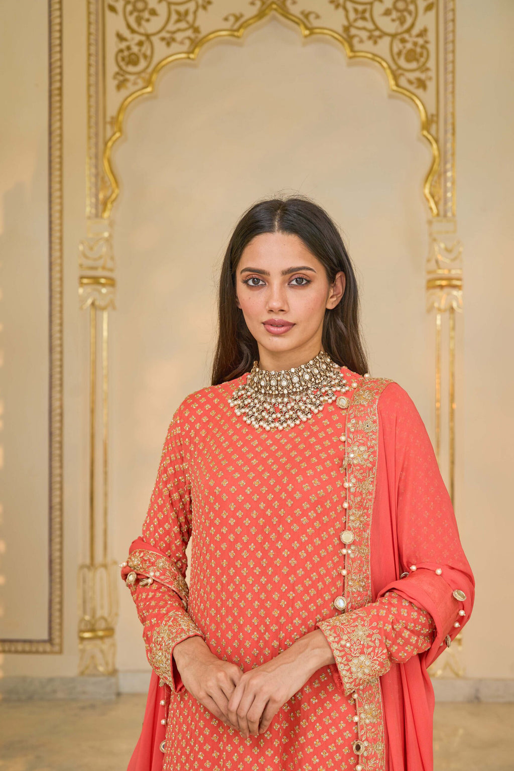 KURTA CHURIDAR DUPATTA CORAL