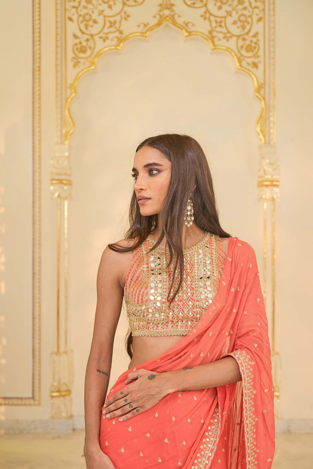 DRAPED SAREE BLOUSE CORAL