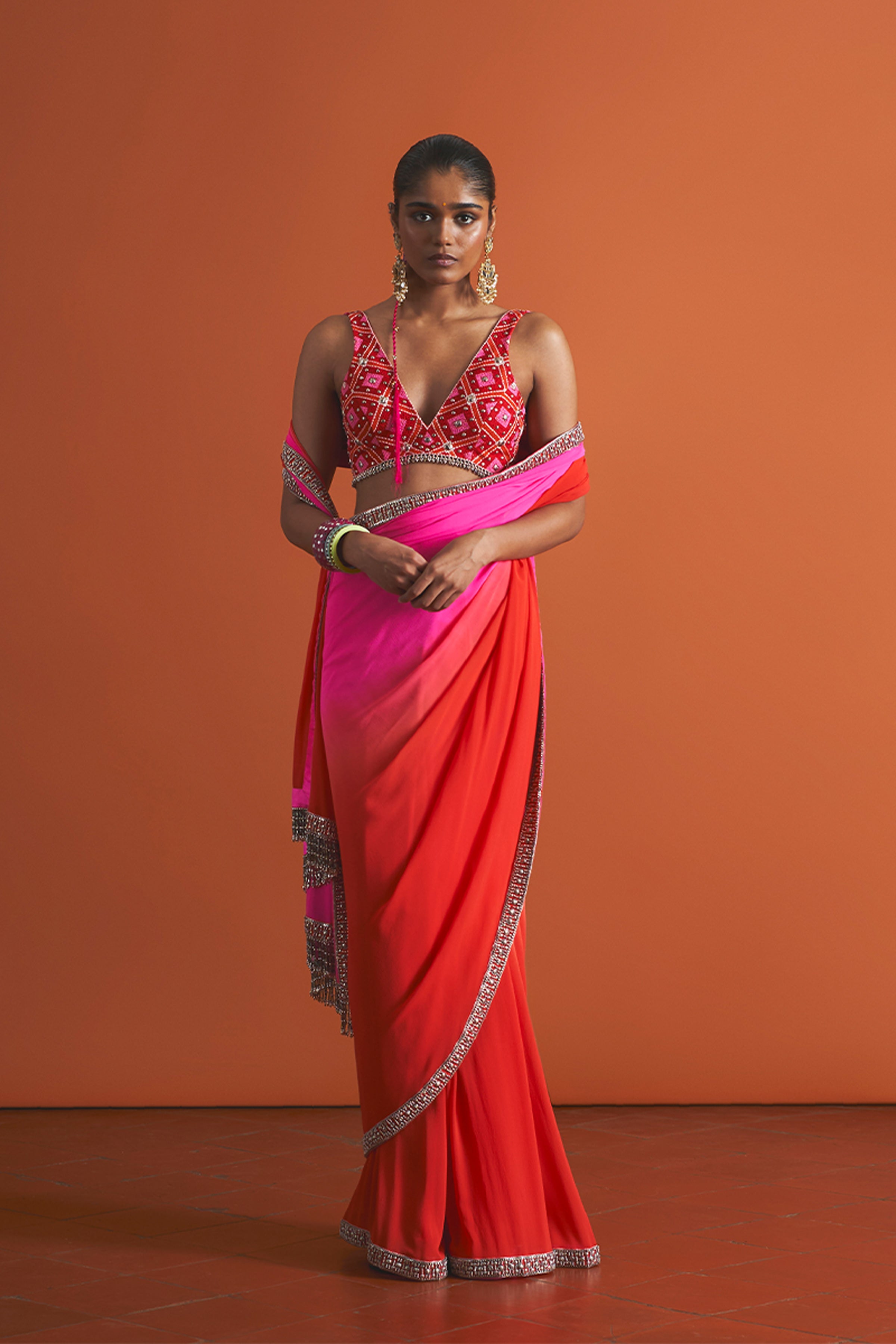 ANUSHKA KHANNA DRAPED SAREE BLOUSE RED GREY