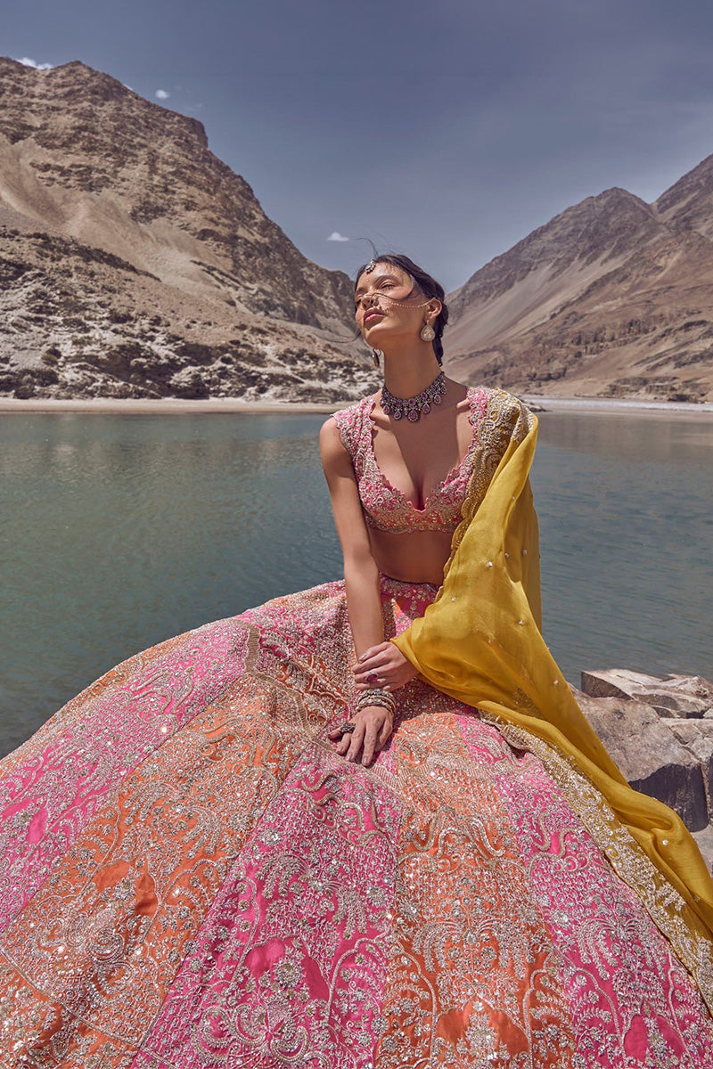 Lehenga Blouse Dupatta Pink Orange