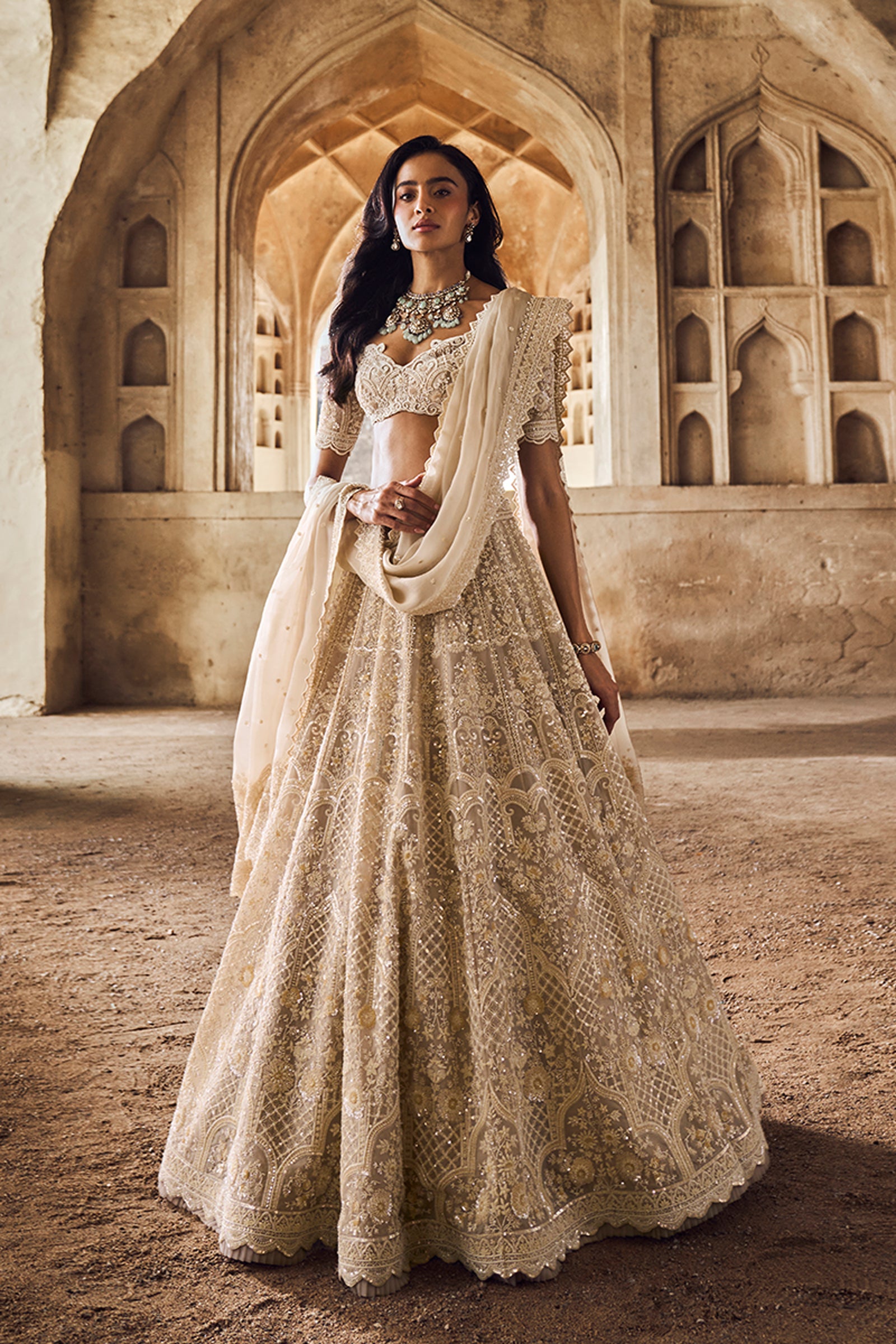 ANUSHREE REDDY LEHENGA BLOUSE DUPATTA GREYISH IVORY