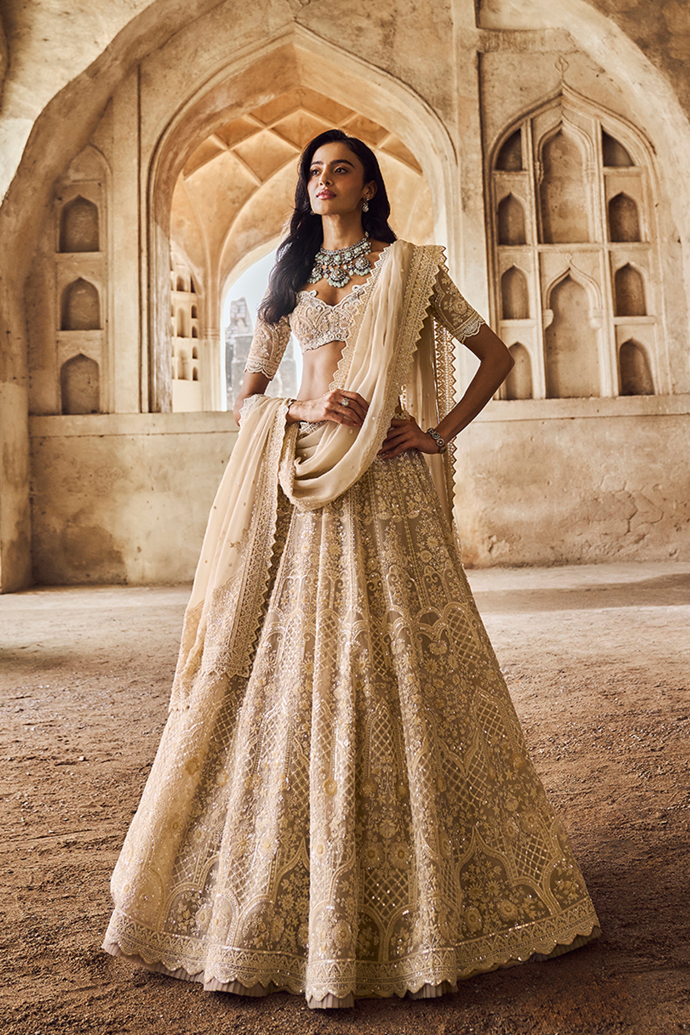 ANUSHREE REDDY LEHENGA BLOUSE DUPATTA GREYISH IVORY
